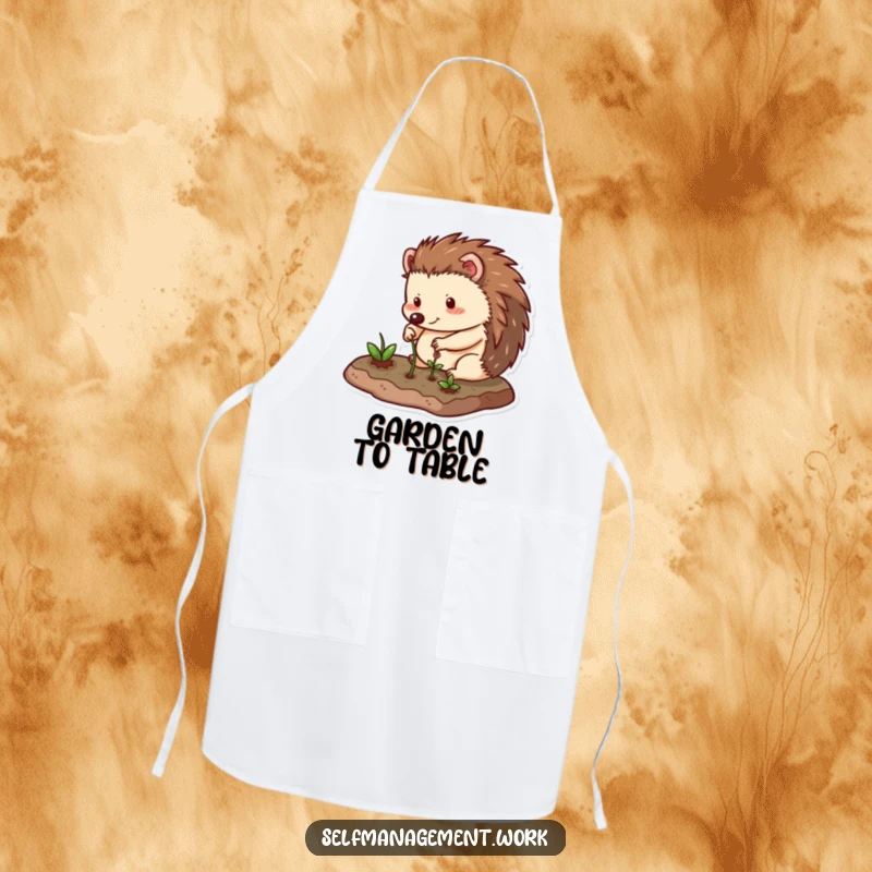 Funny Apron with a happy hedgehog character carefully tending to a small, neat garden plot, showcasing humorous dedication to growing things.