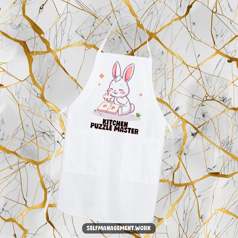 Funny Apron with an energetic rabbit character diligently completing a simple jigsaw puzzle, showcasing humorous determination in any activity.