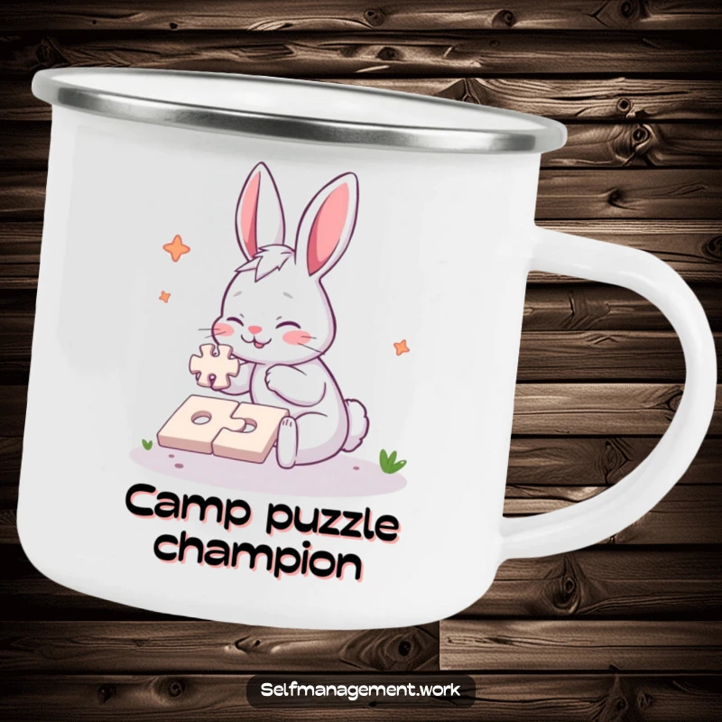 Funny Camping Mug featuring an energetic rabbit character diligently completing a simple jigsaw puzzle, perfect for sipping coffee with puzzle humor outdoors.