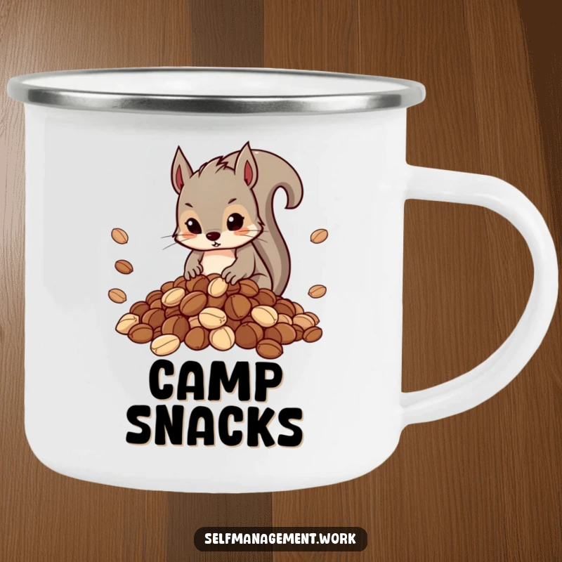 Funny camping mug showing a determined squirrel organizing a neat pile of nuts, for outdoor use.