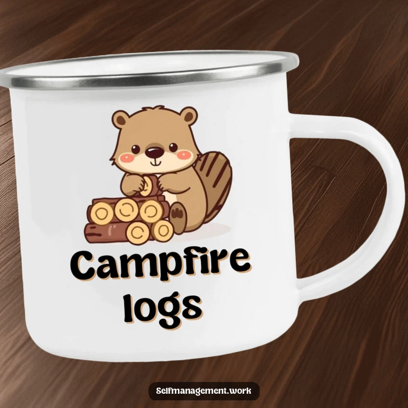 Funny camping mug showing a diligent beaver stacking small wooden logs, for outdoor use.