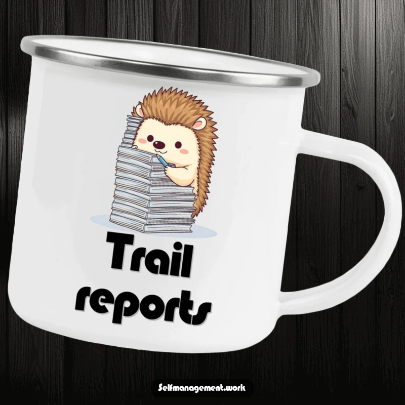 Cute hedgehog character filing tiny papers, enamel camping mug, humorous outdoor accessory.