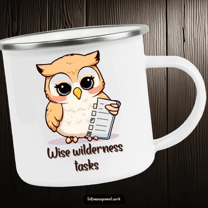 Funny Camping Mug: Calm owl checking off tasks while enjoying a drink, evoking humor and outdoor organization.