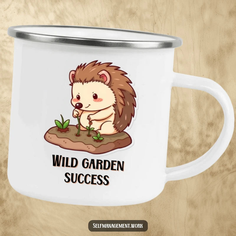 Funny Camping Mug featuring a happy hedgehog character carefully tending to a small, neat garden plot, perfect for sipping coffee with garden humor outdoors.