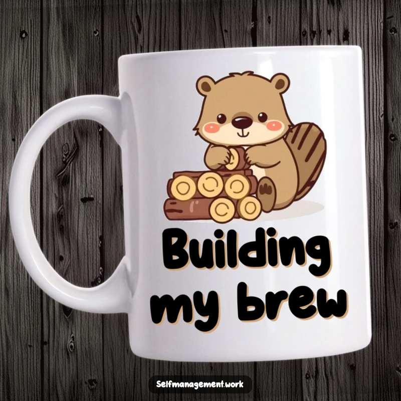 Funny mug showcasing a diligent beaver character precisely stacking small wooden logs, emphasizing construction.