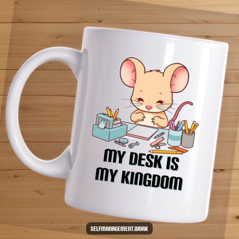 Funny Mug featuring a tiny, focused mouse character meticulously arranging miniature desk supplies with intense concentration and adorable precision.