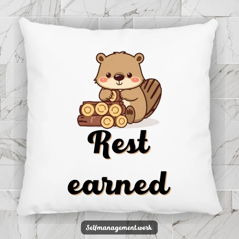 Funny pillow featuring a diligent beaver carefully stacking small wooden logs, perfect for relaxation.