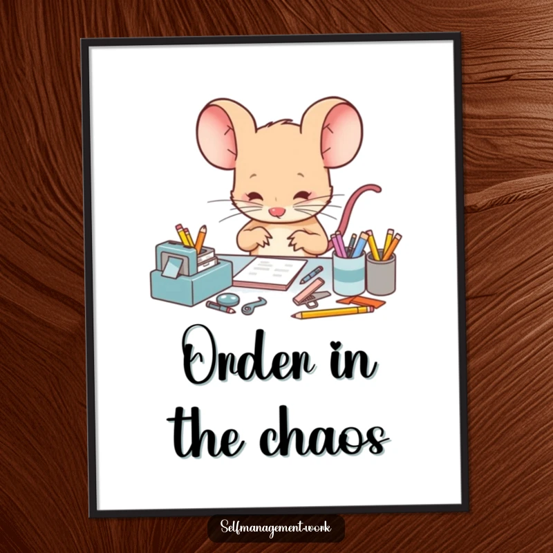 Funny Digital Art Print of a focused mouse character meticulously arranging tiny desk supplies, capturing a humorous and inspiring scene of neatness.