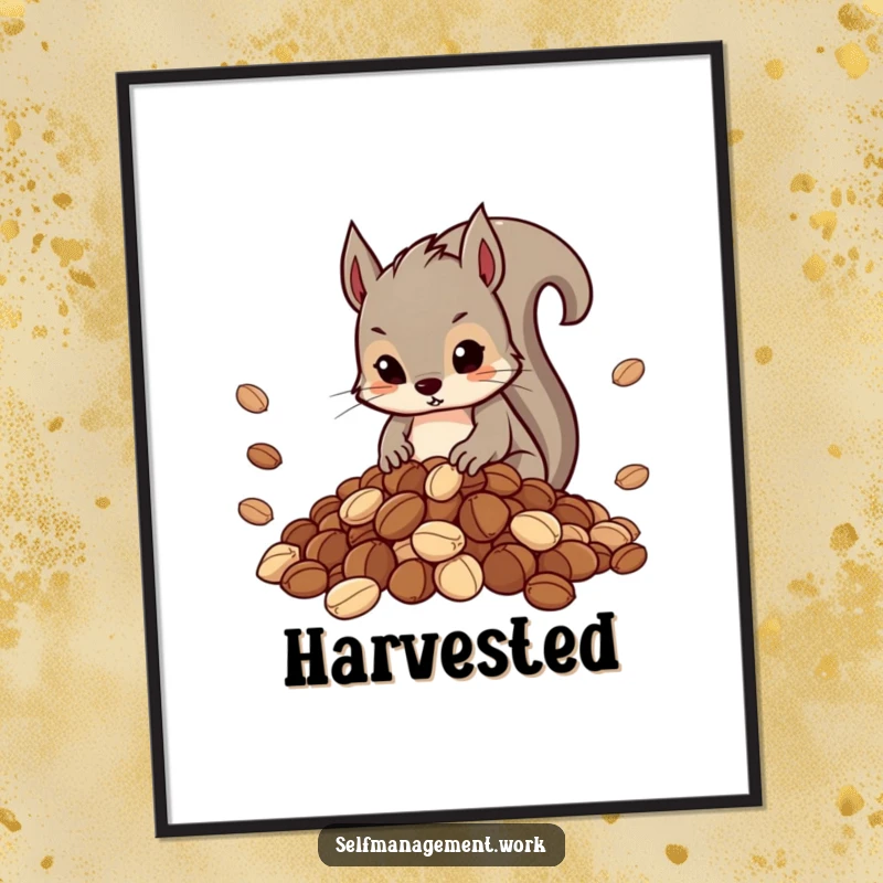 Funny digital art print of a determined squirrel carefully organizing a very neat pile of nuts.