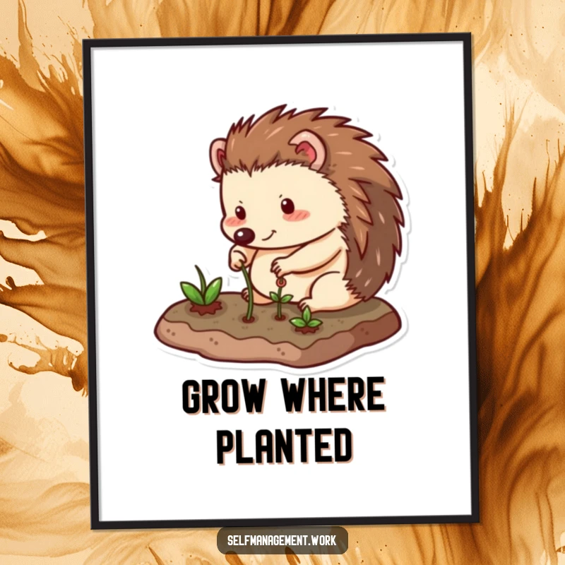 Funny Digital Art Print of a happy hedgehog character carefully tending to a small, neat garden plot, capturing a humorous and peaceful gardening scene.