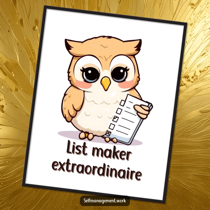 Funny Digital Art Print: Calm owl using its beak to check off tasks on a list, offering humorous and organized wall decor.