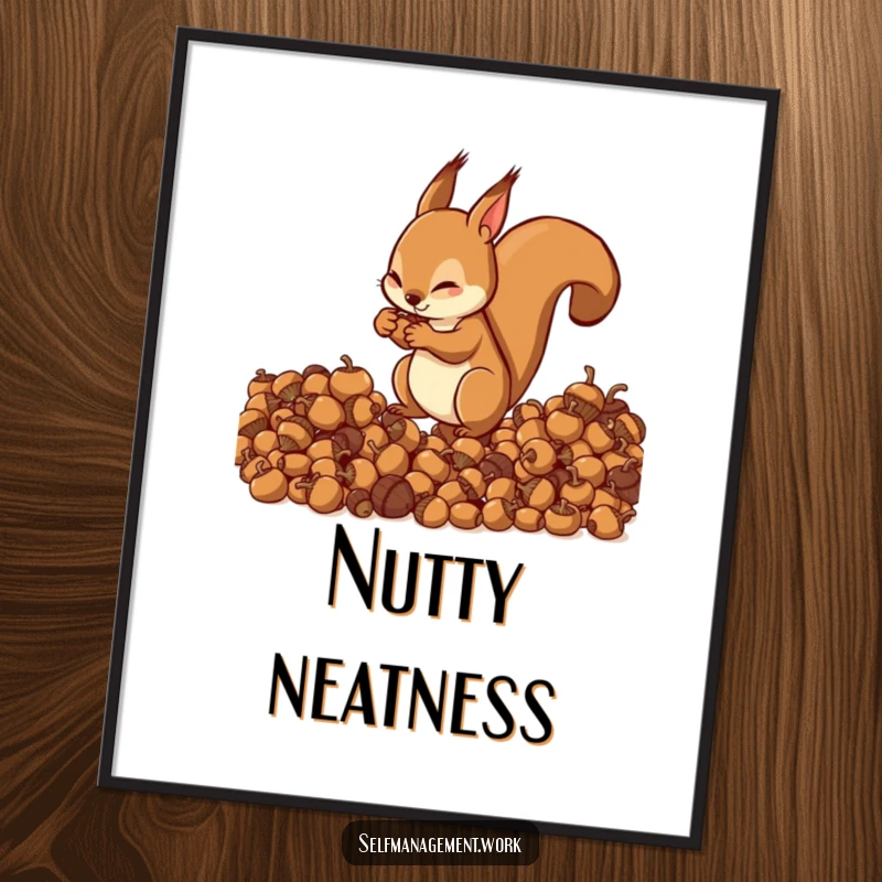 Energetic squirrel character organizing acorns into neat piles, high-resolution digital art, humorous wall decor.
