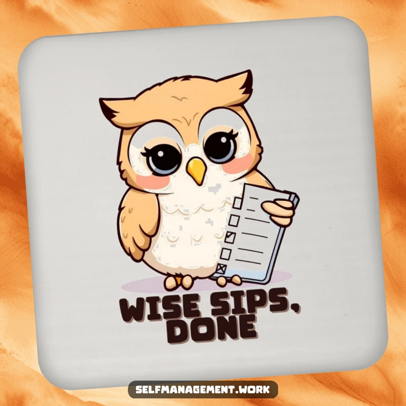 Funny Coaster: Calm owl meticulously checking a list, providing humorous protection for surfaces and a touch of organization.