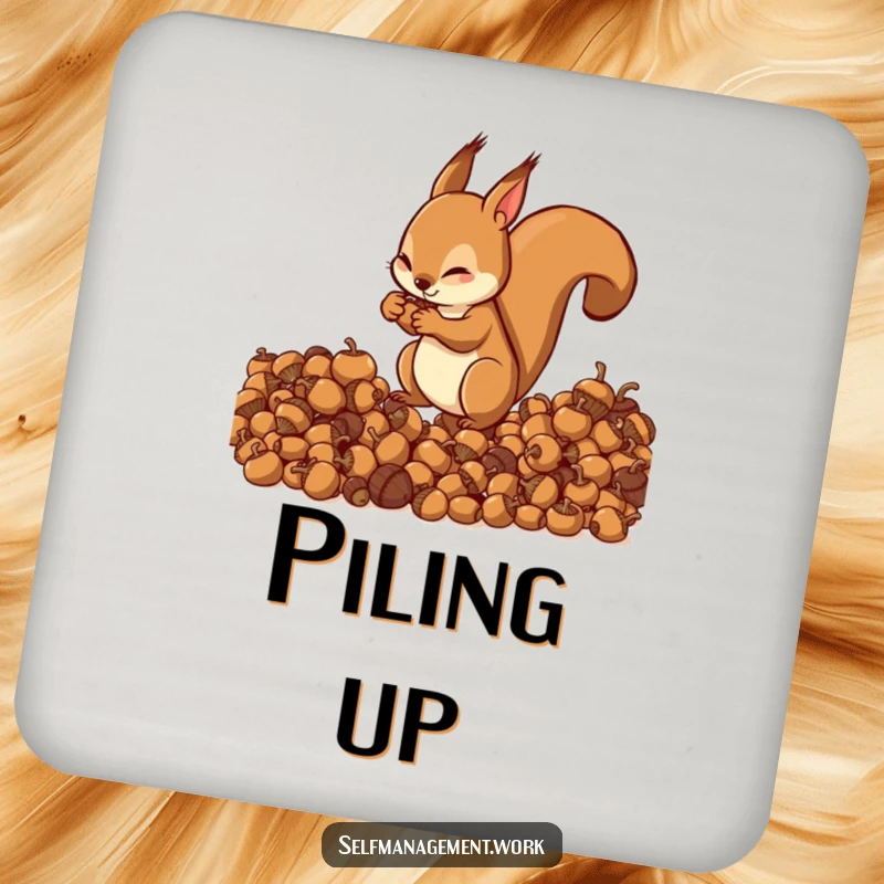 Energetic squirrel character organizing acorns into neat piles, protective drink coaster, humorous desk accessory.