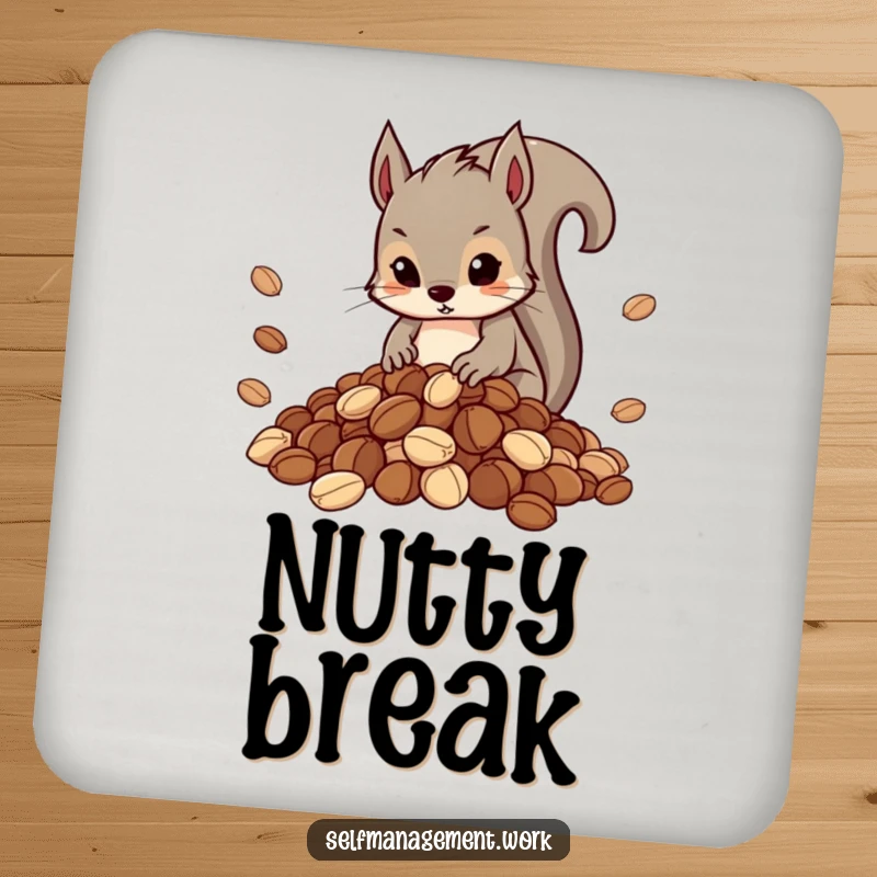Funny drink coaster featuring a determined squirrel organizing a neat pile of nuts, protecting surfaces.