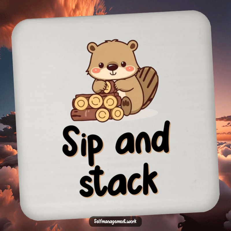 Funny drink coaster featuring a diligent beaver stacking small wooden logs, protecting surfaces.