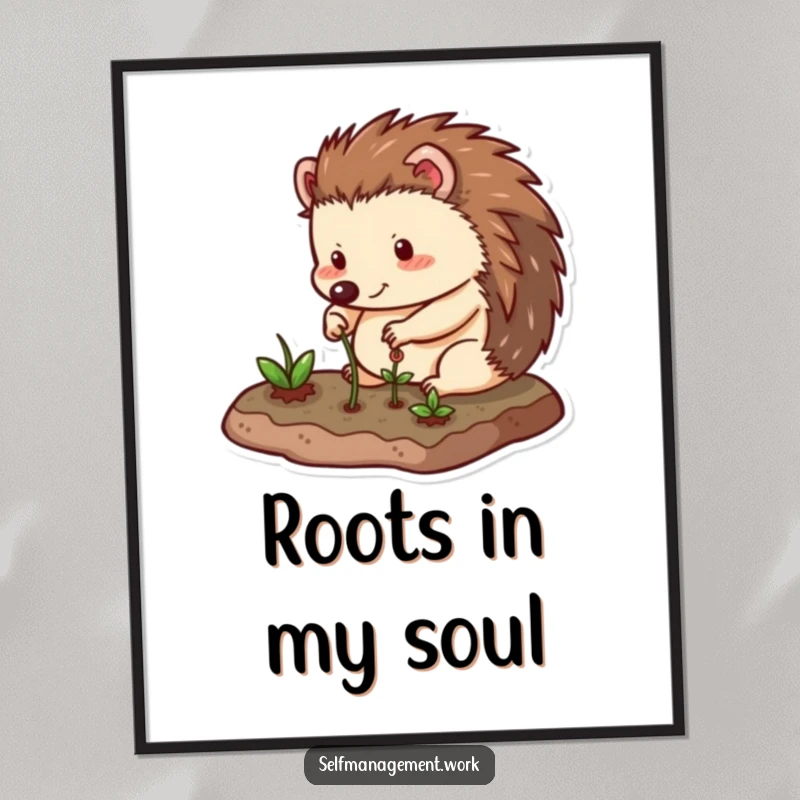 Funny Poster showing a happy hedgehog character carefully tending to a small, neat garden plot, capturing a humorous and peaceful gardening moment.