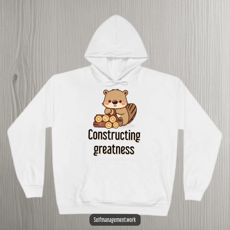 Funny hoodie depicting a diligent beaver character precisely stacking small wooden logs, related to dam building.