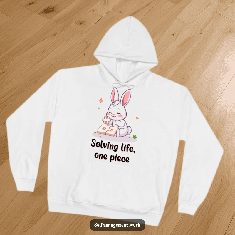 Funny Hoodie with an energetic rabbit character diligently completing a simple jigsaw puzzle, radiating cheerful determination and a love for challenges.