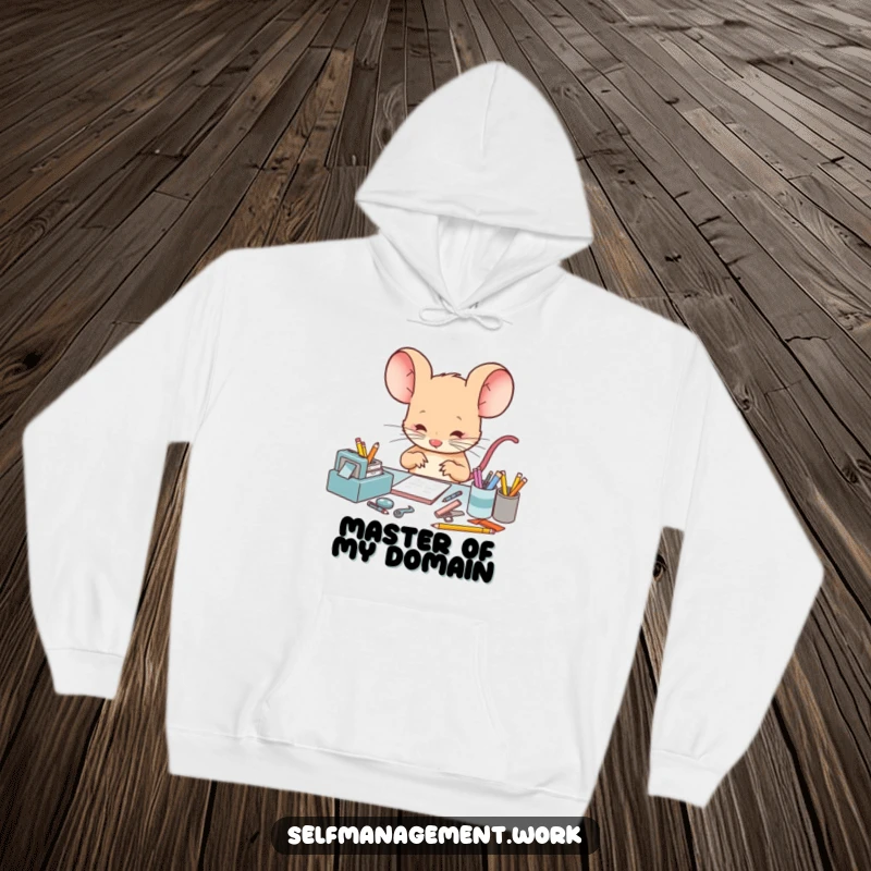 Funny Hoodie showcasing a determined mouse character meticulously arranging tiny desk supplies, radiating focused energy and a humorous love for organization.