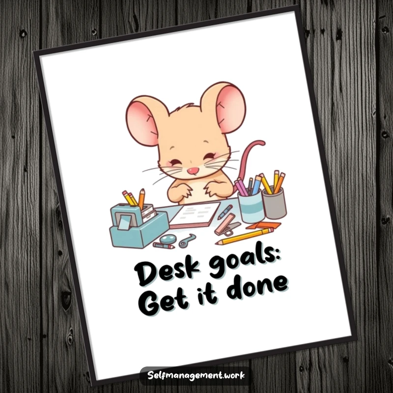 Funny Free Printable Wall Art showcasing a meticulous mouse organizing tiny desk supplies, adding a humorous touch to any room.