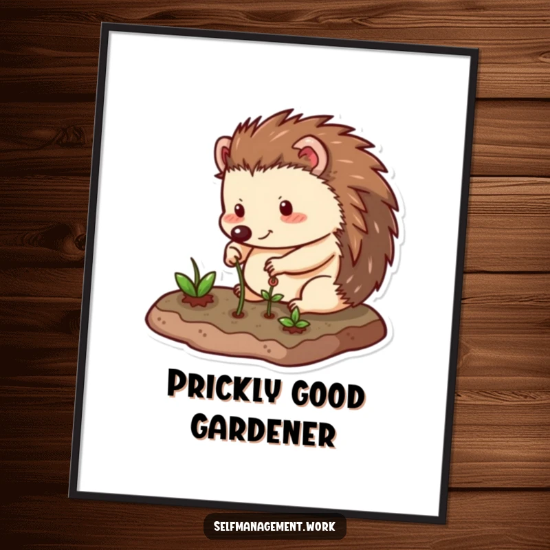 Funny Free Printable Wall Art depicting a joyful hedgehog meticulously tending to its miniature garden, bringing a smile.