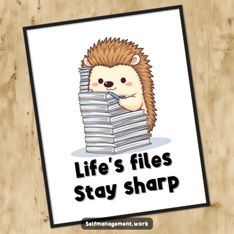 Funny Free Printable Wall Art: A cute hedgehog is diligently filing a colossal stack of tiny paperwork, looking very serious about its task.