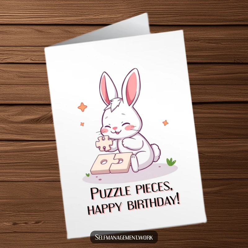 Funny Free Printable Birthday Card featuring an enthusiastic rabbit focused on assembling a simple jigsaw puzzle with great determination.