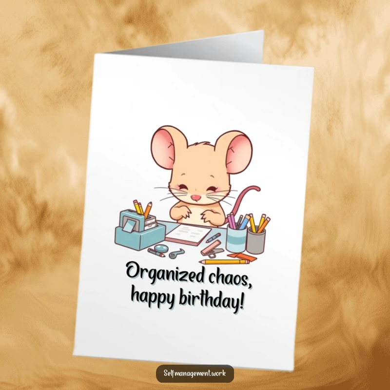 Funny Free Printable Birthday Card featuring a determined mouse meticulously organizing tiny desk items with a comical expression.