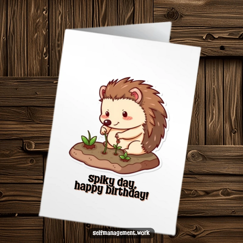 Funny Free Printable Birthday Card featuring a content hedgehog lovingly tending its small, perfectly neat garden plot with a smile.