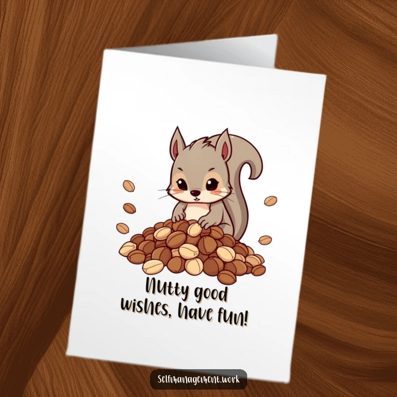 Funny Free Printable Birthday Card: A determined squirrel meticulously organizing a perfect, neat pile of nuts.