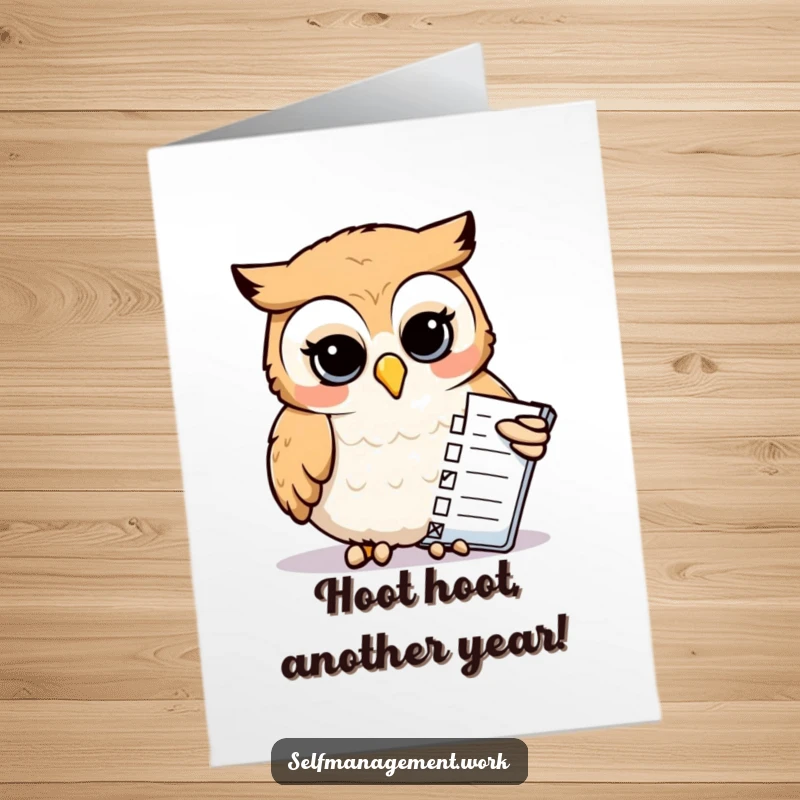 Funny Free Printable Birthday Card: Calm owl with beak checks off tasks on a list, a humorous and organized way to send wishes.