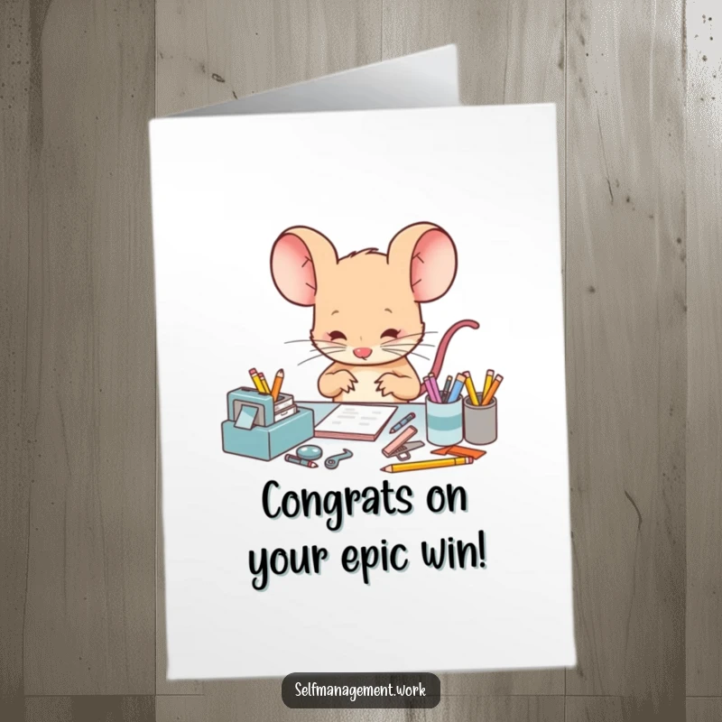 Funny Free Printable Congratulations Card showing a focused mouse intently arranging miniature office supplies, a comical scene.