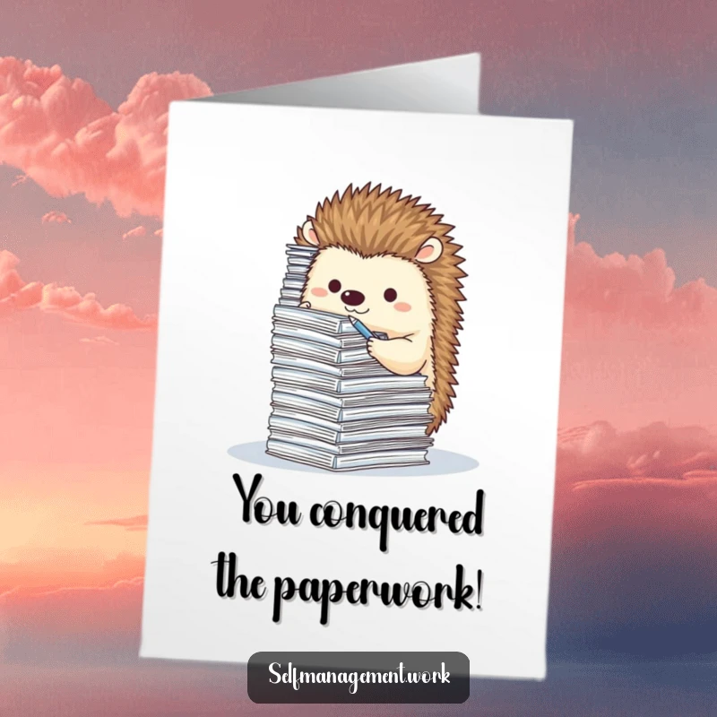 Funny Free Printable Congratulations Card: A cute, determined hedgehog is shown filing a massive pile of minuscule paperwork with great focus.
