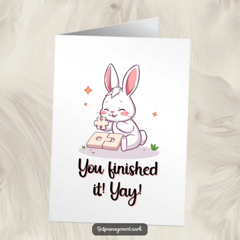 Funny Free Printable Congratulations Card with a speedy rabbit engrossed in completing a jigsaw puzzle, full of playful energy.