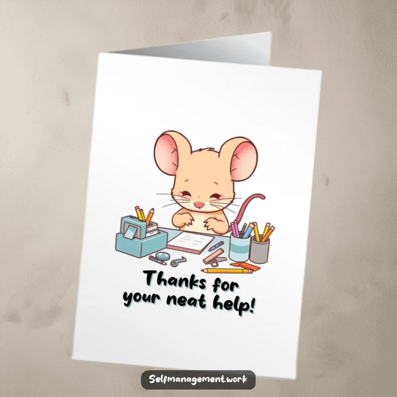 Funny Free Printable Thank You Card with a diligent mouse creating order from tiny desk clutter, a humorous sight.