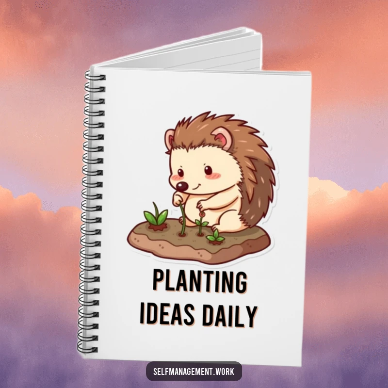 Funny Notebook featuring a happy hedgehog character carefully tending to a small, neat garden plot, ideal for capturing garden notes with humor.
