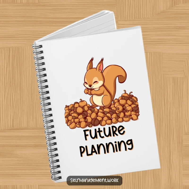 Energetic squirrel character organizing acorns, lined notebook pages, humorous stationery for planning.