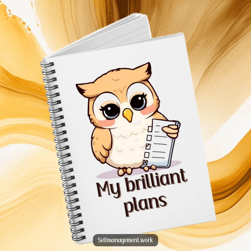Funny Notebook: Cover features a calm owl meticulously checking tasks on a list, promoting organized and humorous note-taking.