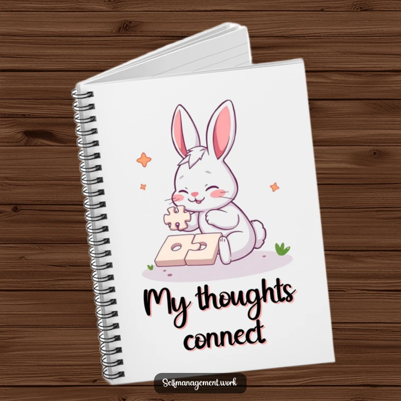 Funny Notebook featuring an energetic rabbit character diligently completing a simple jigsaw puzzle, ideal for capturing thoughts with humor.