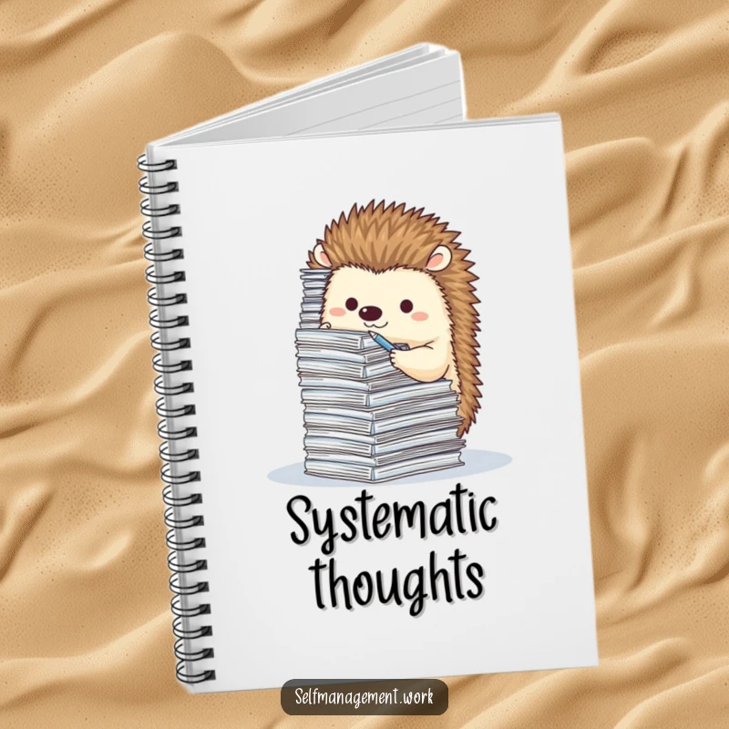Cute hedgehog character filing paperwork, lined notebook pages, humorous stationery for planning.