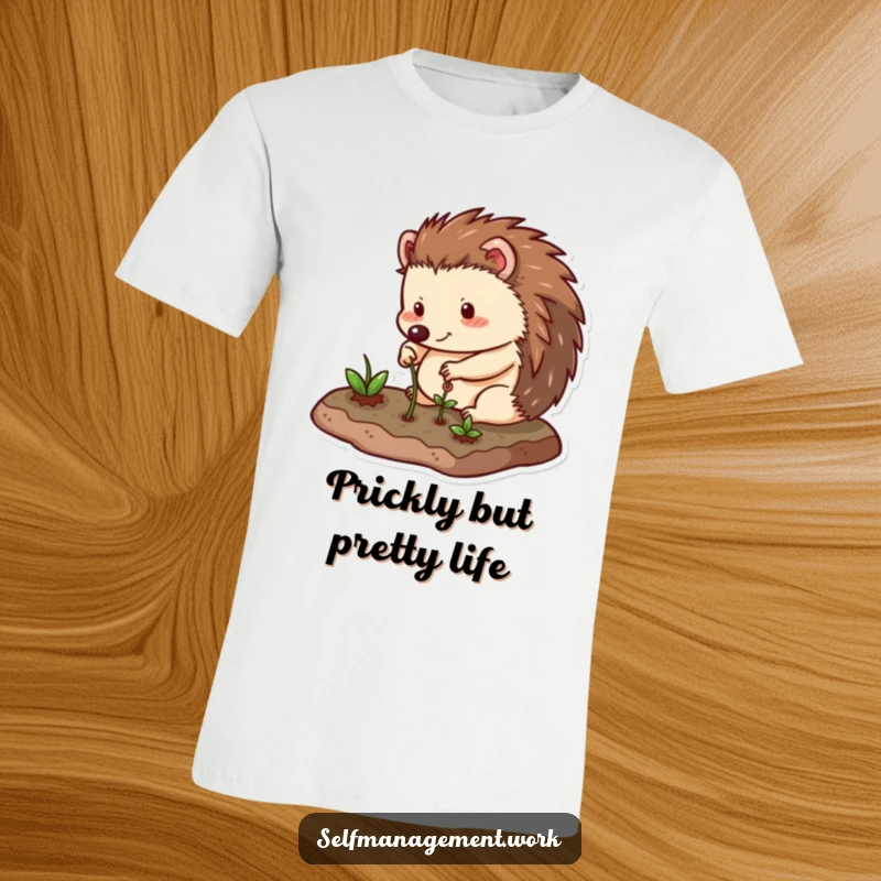 Funny T-Shirt of a happy hedgehog character carefully tending to a small, neat garden plot, showcasing a gentle and nurturing personality.