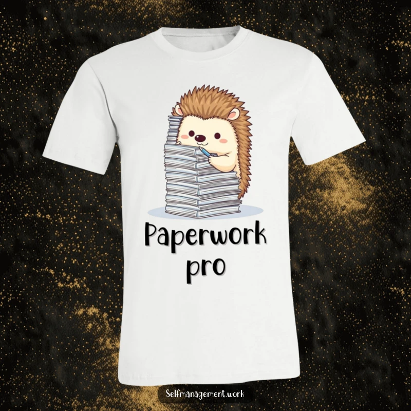 Cute hedgehog character diligently filing a massive stack of tiny papers, looking focused, humorous t-shirt graphic.