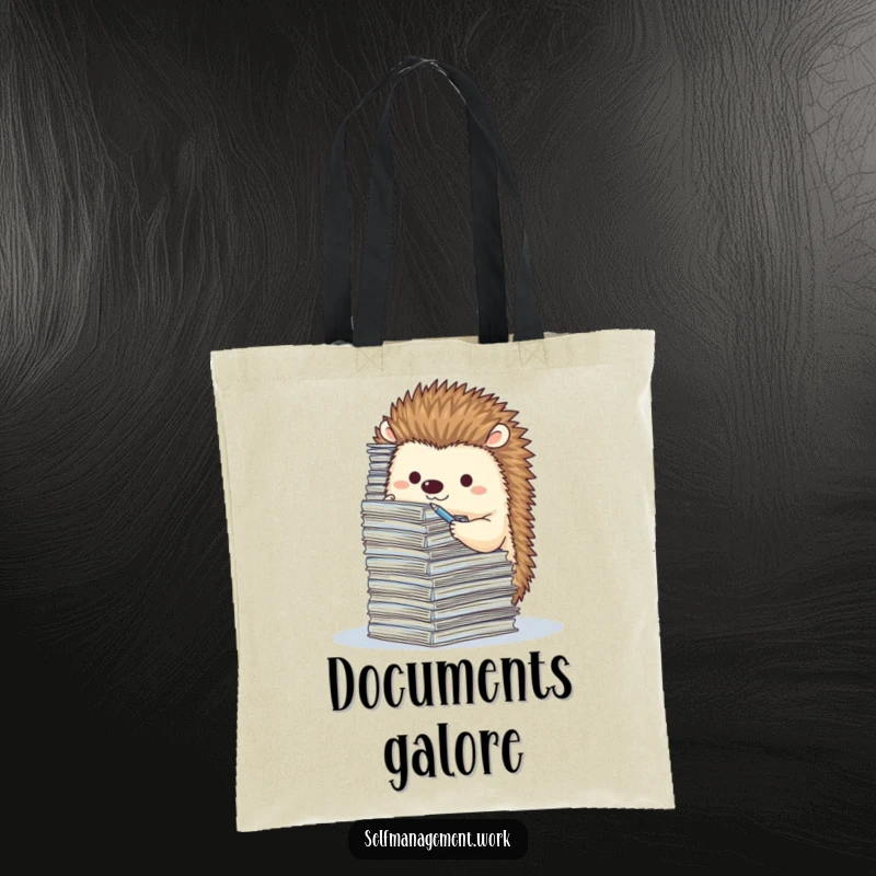 Cute hedgehog character filing a huge stack of tiny paperwork, durable tote bag, humorous accessory.