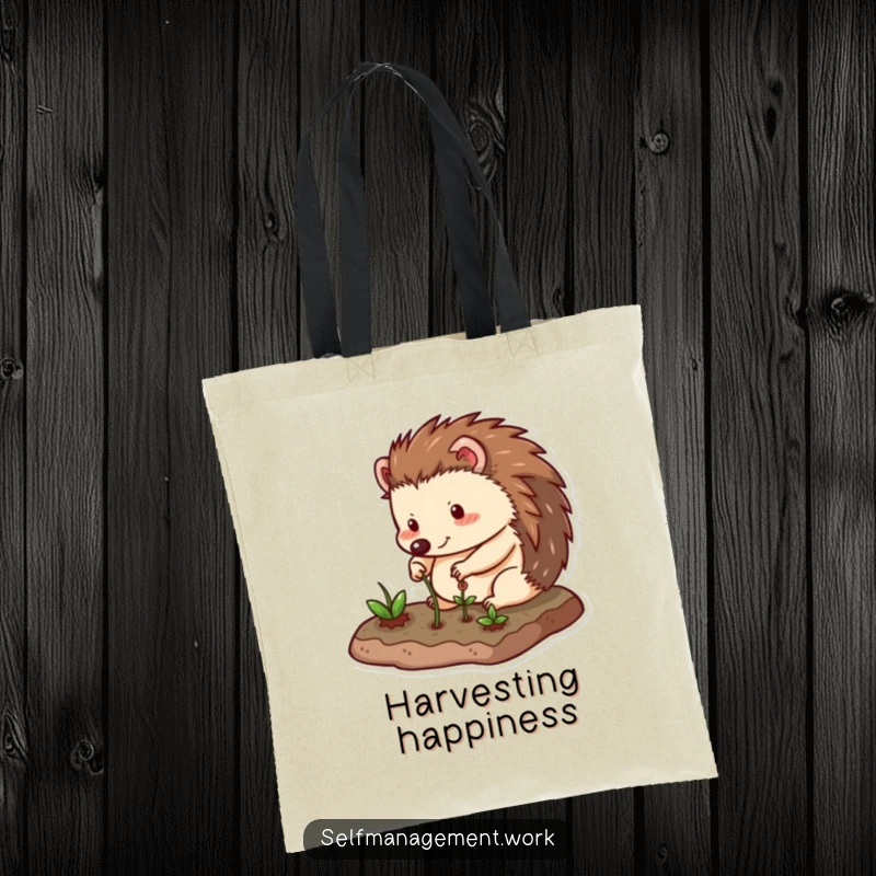 Funny Tote Bag depicting a happy hedgehog character carefully tending to a small, neat garden plot, perfect for carrying essentials with a humorous touch.