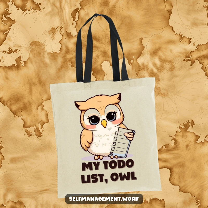 Funny Tote Bag: Calm owl with beak checking off a to-do list, showcasing organization and humor for everyday use.